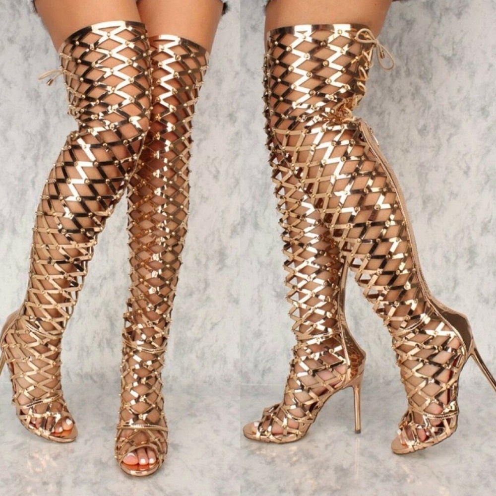 NEW Studded Patent Gold Caged Thigh High Boots 6.5